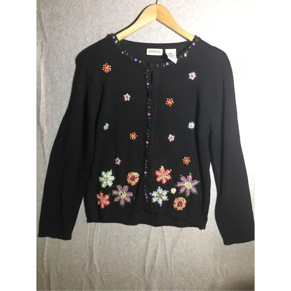 Womens White Stag Cardigan Beaded Bedazzled Sequined Y2K Casual